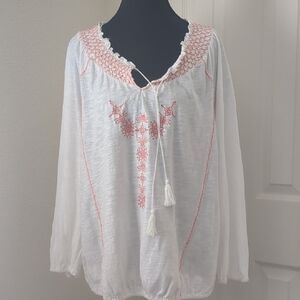 American Rag White Embroidered Boho Peasant Blouse Tassel Tie Smocked Festival